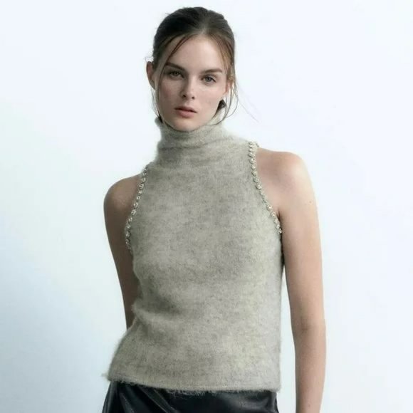 ZARA GRAY SLEEVELESS JEWEL KNIT TOP NWT - Picture 1 of 13
